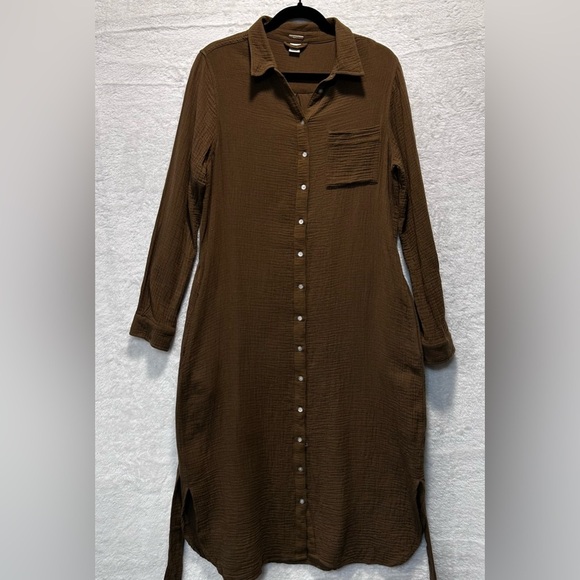 Magaschoni Organic Cotton Gauze Tie Waist Shirt Dress Brown Minimalist Sz L - Picture 6 of 8